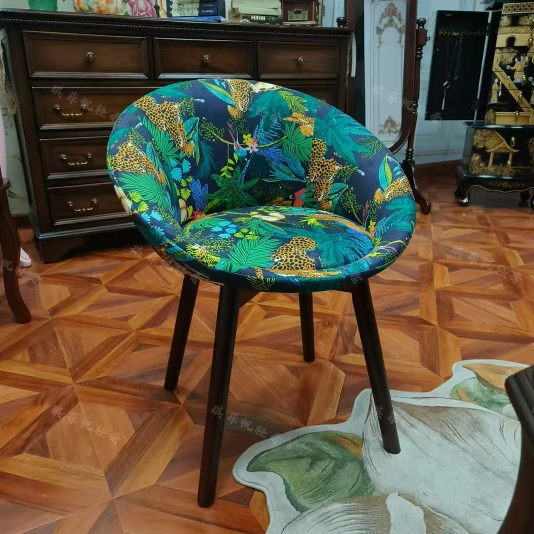 轻奢中式甜甜圈复古丛林豹实木可旋转凳餐凳休闲复古椅