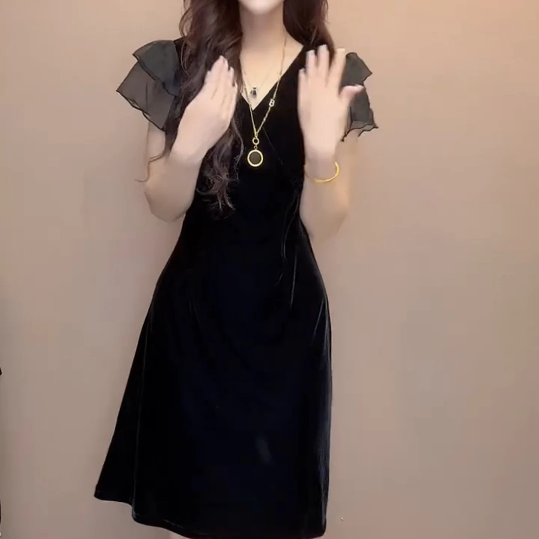 夏季时尚百搭V领无袖高腰修身黑色显瘦中长连衣裙