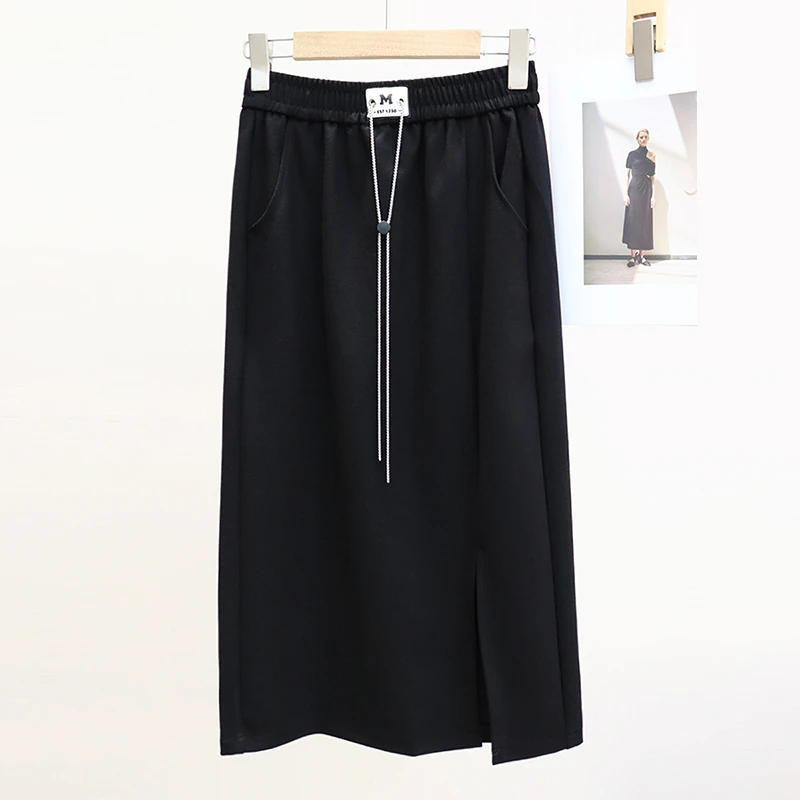 气质休闲直筒半身裙女2025春季新款松紧腰后开叉时尚显瘦包臀裙