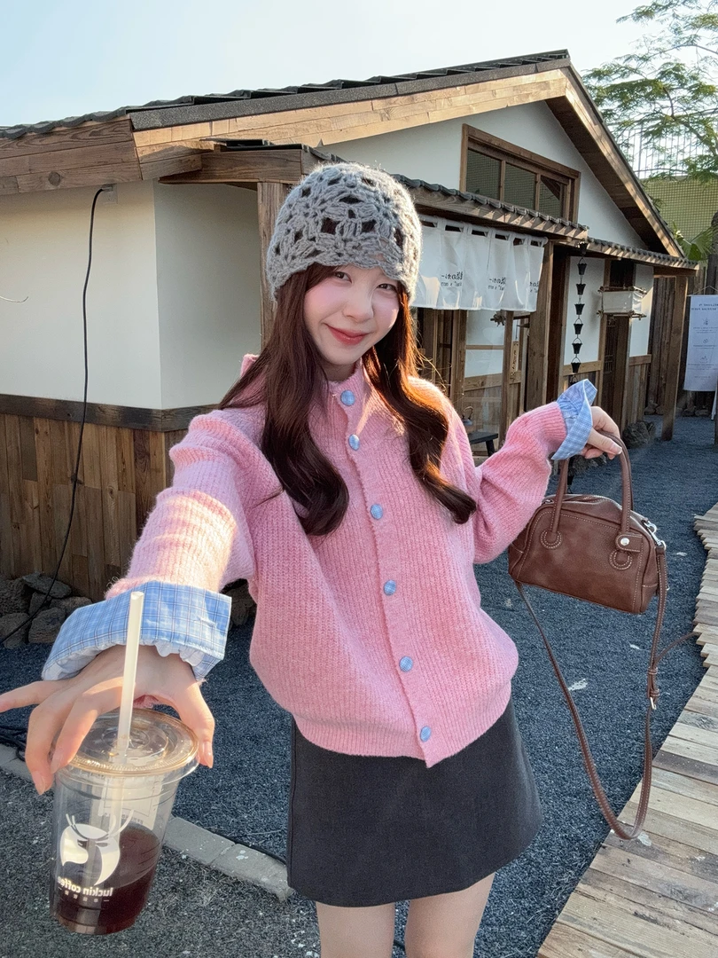 韩系复古灰色立领长袖针织开衫女春秋新款慵懒风宽松显瘦毛衣外套