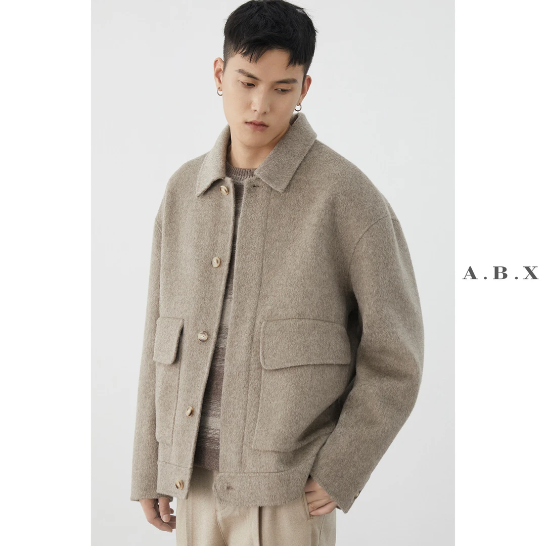 德赛冬季850G全羊毛双面呢翻领工装夹克男加厚呢子短款外套22084