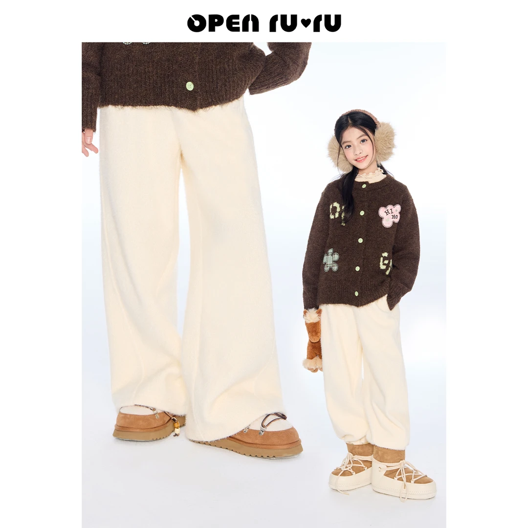 Opennunu女童绒感保暖休闲裤冬季中大童设计感软糯加绒直筒裤
