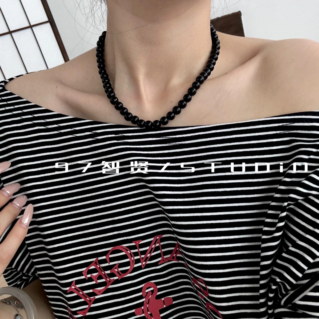 不锈钢仿珍珠项链 智贤 【大号黑色珠珠项链锁骨链】