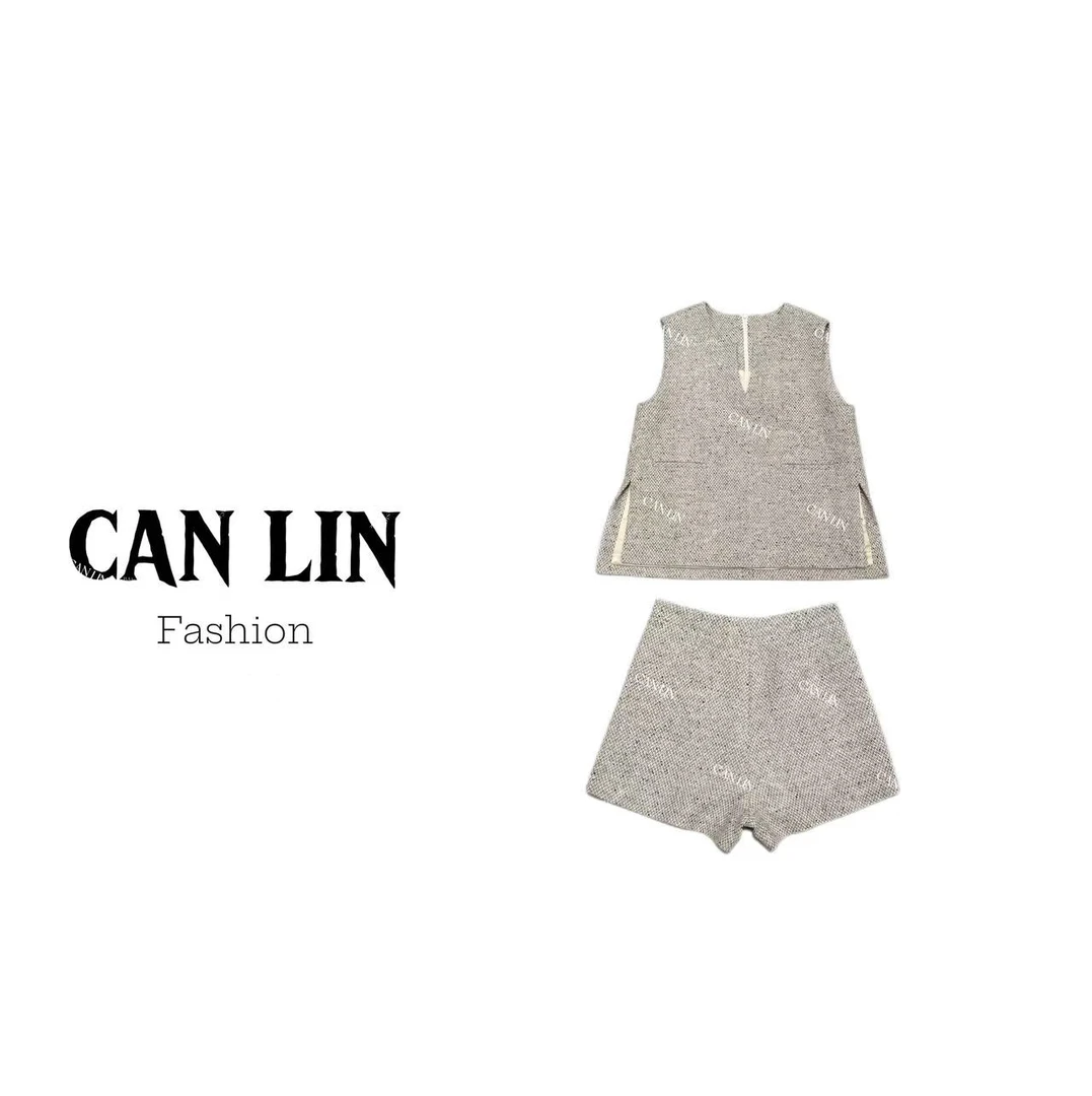 CAN LIN秋款无袖V领马甲高腰羊毛短裤套装百搭气质设计感套装