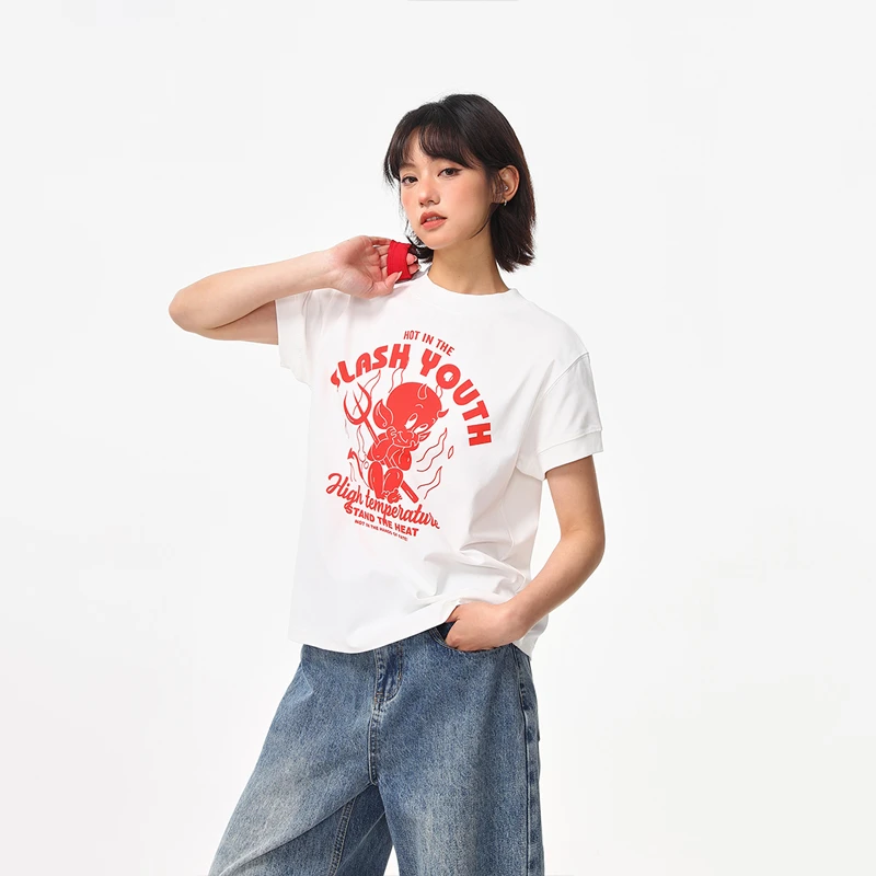 野生阿子美式复古小恶魔印花正肩T恤女夏季圆领修身短款辣妹短袖