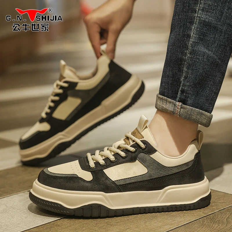 公牛世家男鞋2025春秋新款复古休闲运动鞋潮流百搭厚底黑白板鞋子