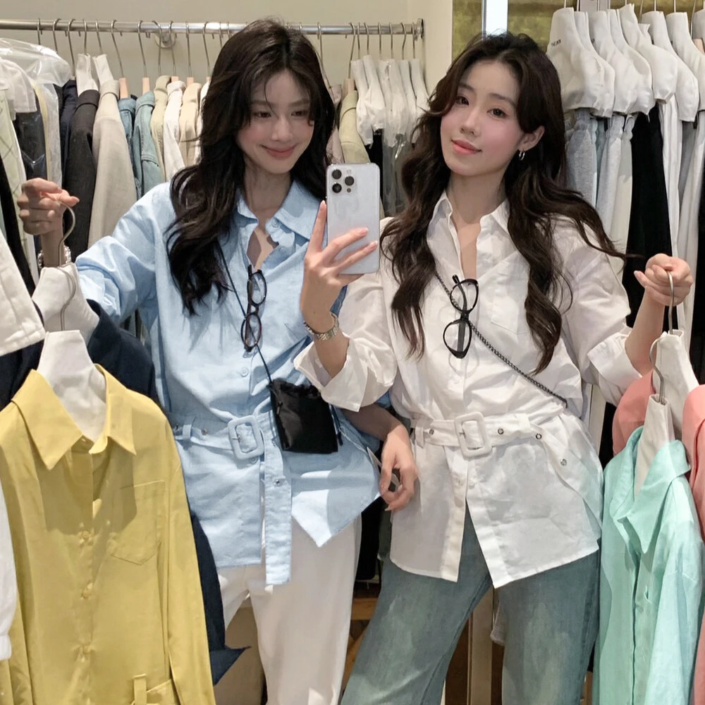 韩系气质通勒口袋收腰显瘦长袖设计感衬衫配腰带