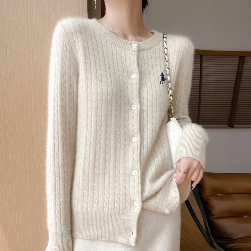 【爆款单品】刺绣小马圆领麻花100%羊毛开衫女秋冬纯色针织衫毛衣