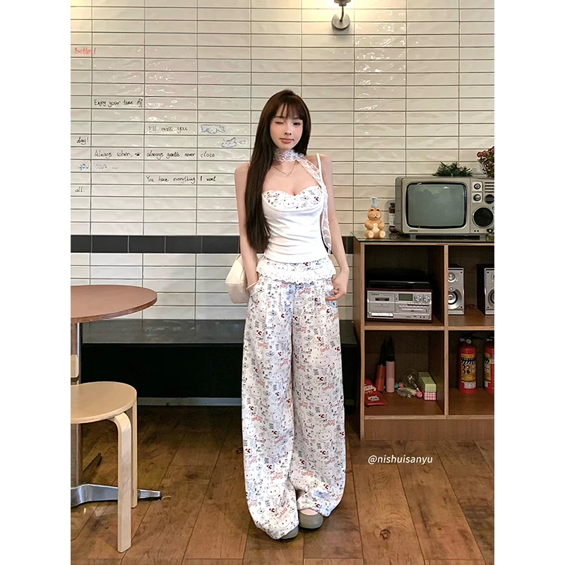 溺水三鱼【凯蒂少女】春夏纯欲凯蒂猫元素吊带拼接上衣阔腿裤套装
