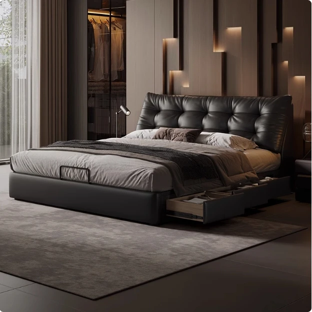 大黑熊齐边皮床主卧现代简约1米8卧室双人1米5气压高箱带储物空间