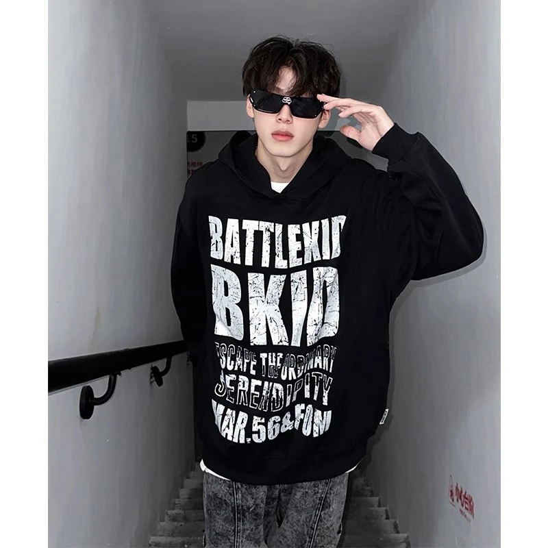 国潮牌黑色美式hiphop连帽卫衣男女同款秋款重磅美式复古情侣外套