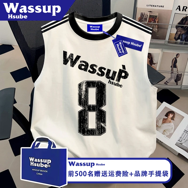 WASSUP HSUBE美式纯棉T恤半袖ins夏数字印花三条杠背心男女款无袖