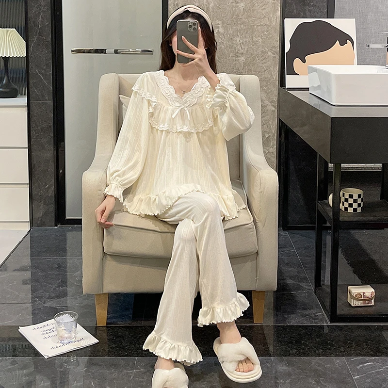 睡衣女春秋季甜美长袖公主风白色大码可外穿网红风新款套装家居服