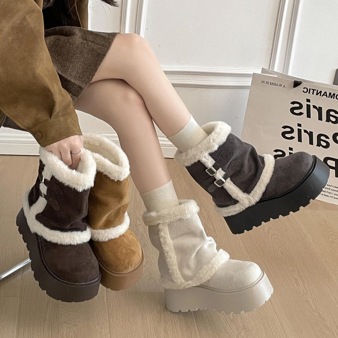 棕色复古加绒保暖厚底雪地靴女款2025新款冬季增高裤管勃肯棉鞋子
