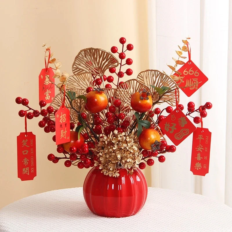 红果仿真花年宵花客厅插花花瓶柿柿如意开业乔迁新居软装饰品kkh
