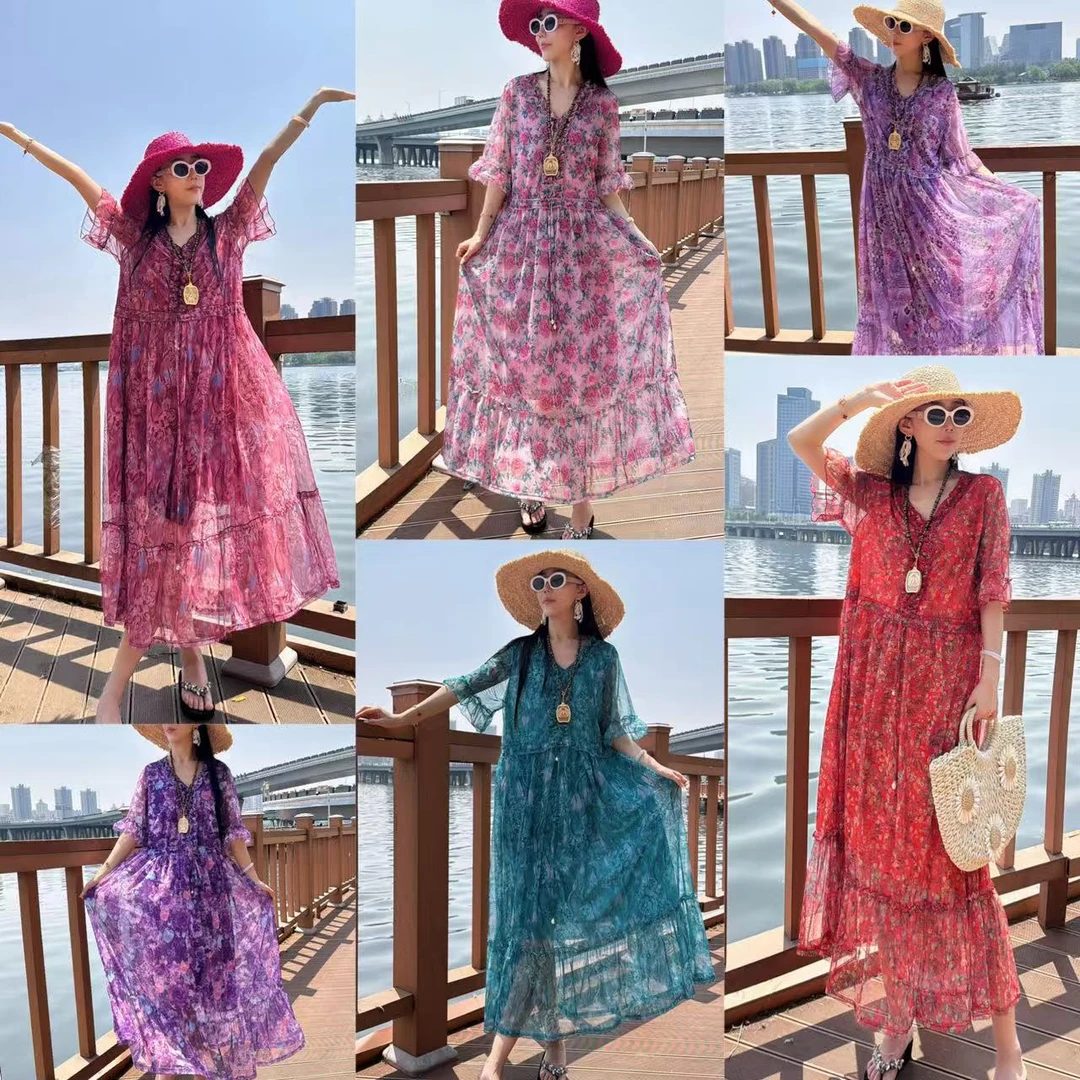 61新款气质时尚木耳边台湾纱连衣裙碎花