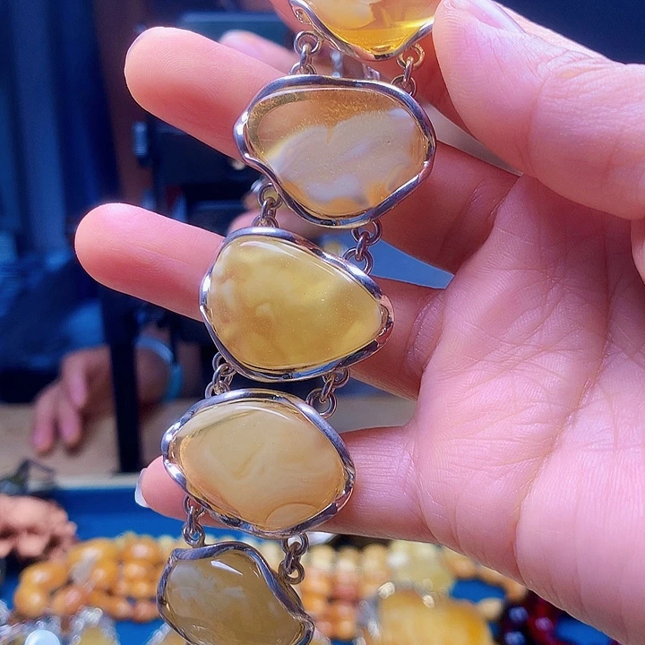 银S925镶嵌琥珀手链波兰设计款琥珀蜜蜡