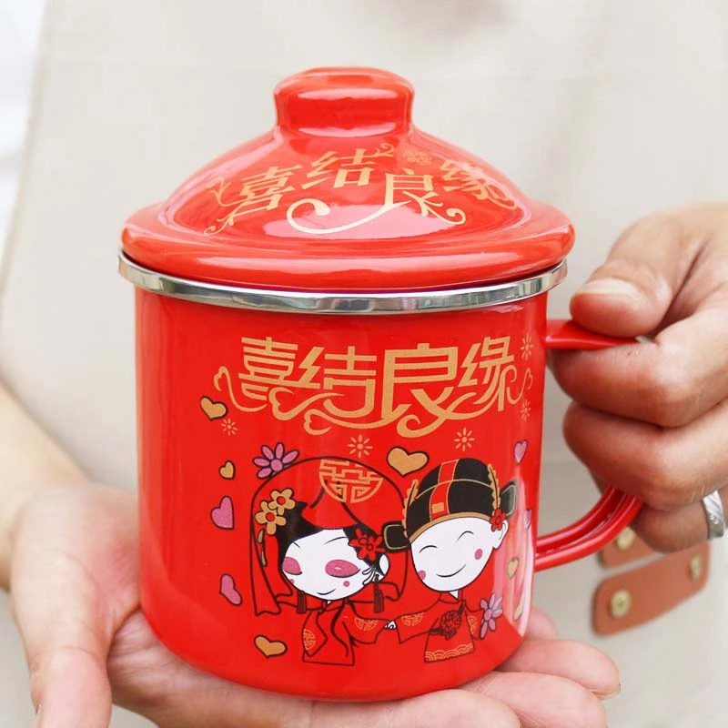 加厚搪瓷杯全红喜庆杯搪瓷缸喜结良缘水杯结婚喜字杯双囍陪嫁红杯