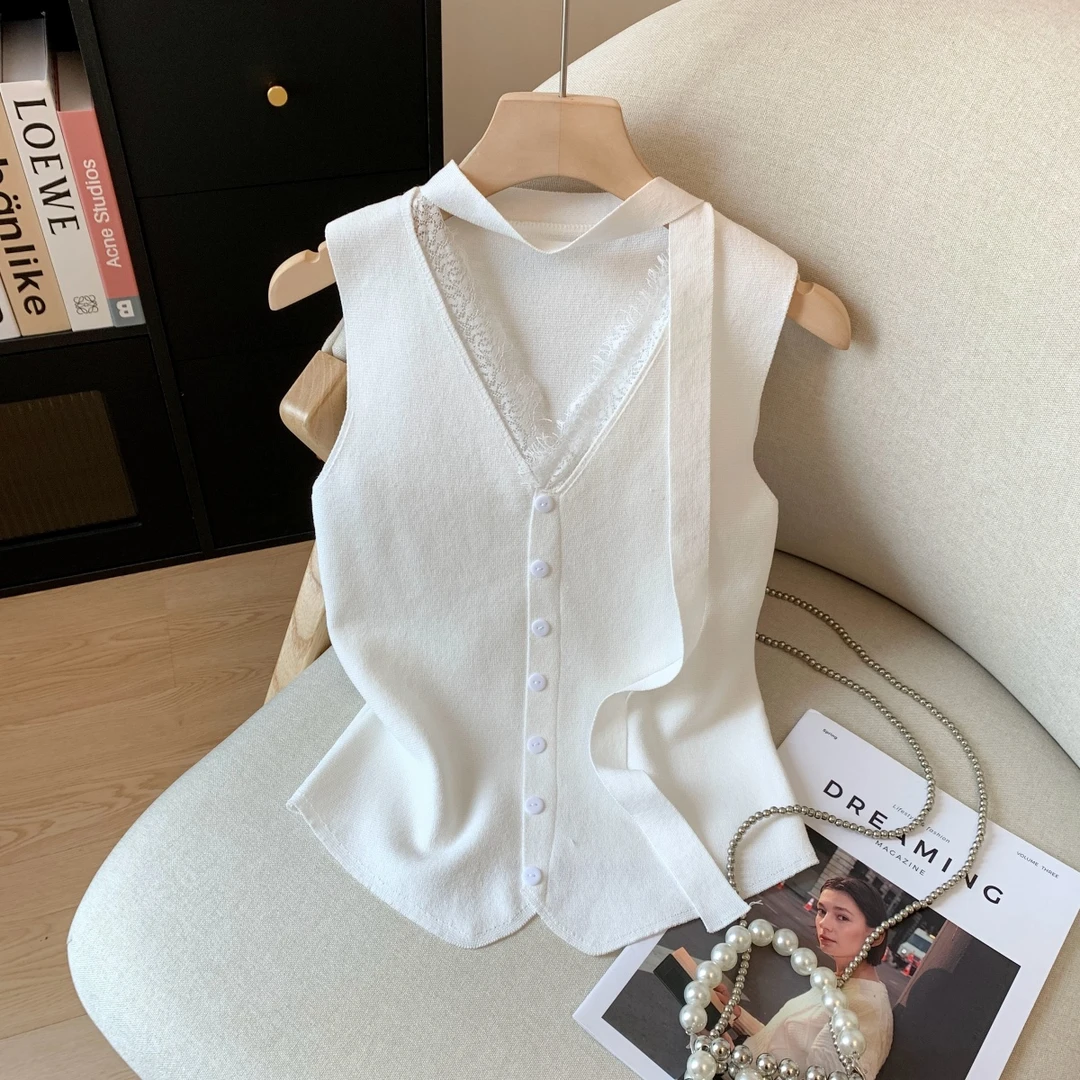 蕾丝拼接针织马甲女2025春夏小香风时髦洋气内搭坎肩飘带上衣