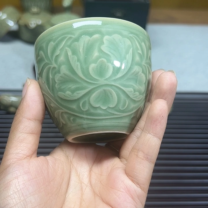 耀州窑青釉牡丹小缸杯2只