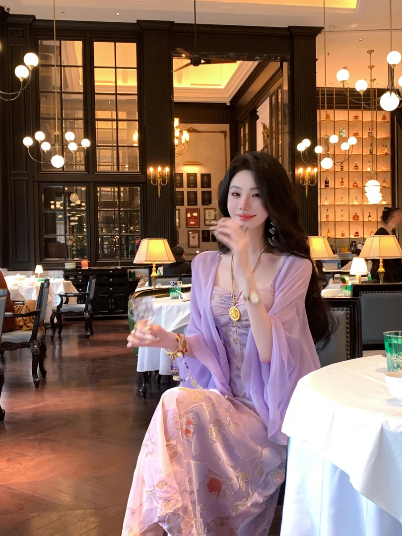 【雅乔定制接】风铃花语 紫色烧花植绒吊带连衣裙DYYK-24081976