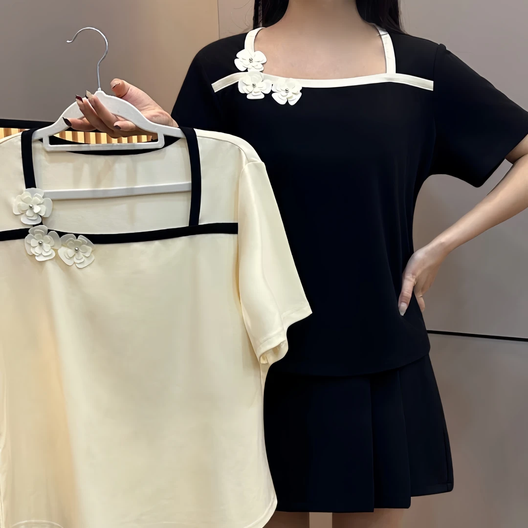 胖MM瑶 D25019高级感正肩短袖T恤女夏季短款修身收腰显瘦V领上衣
