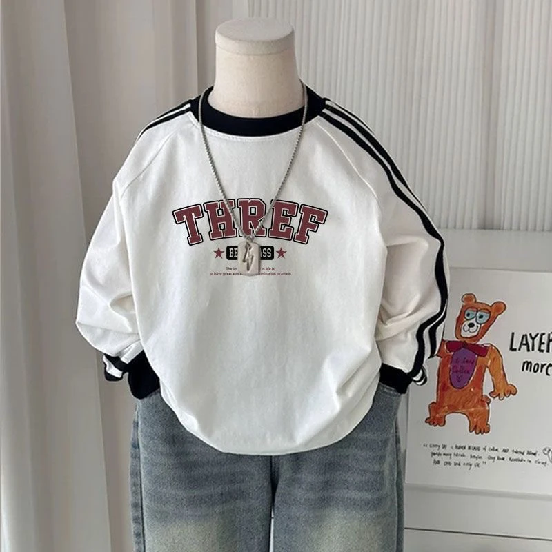 纯棉儿童长袖T恤秋季男女童美式复古卡通拼色上衣宝宝插肩打底衫T