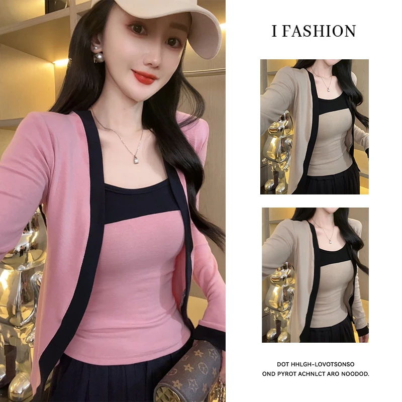 高含棉气质减龄设计感t恤女2025春秋新款修身显瘦背心开衫两件套