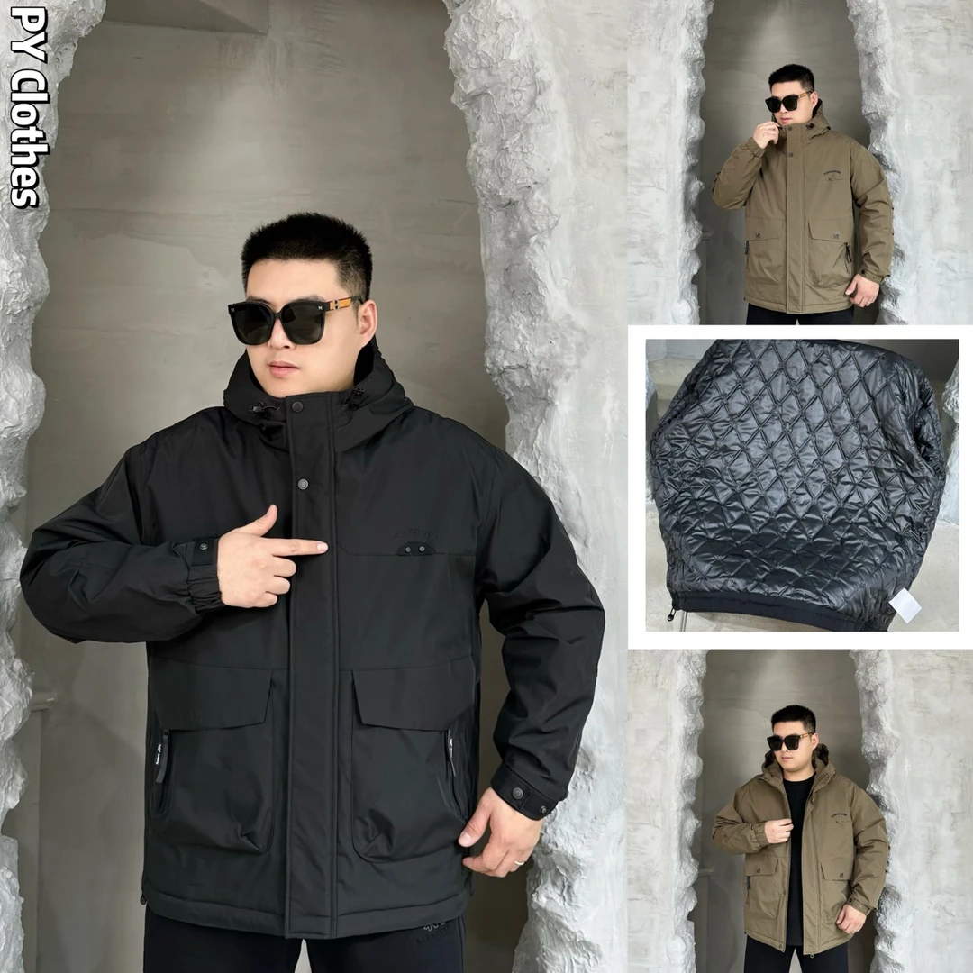 【二棉】胖语大码男装 2025冬季百搭拼接工装风休闲连帽棉服W9801#H