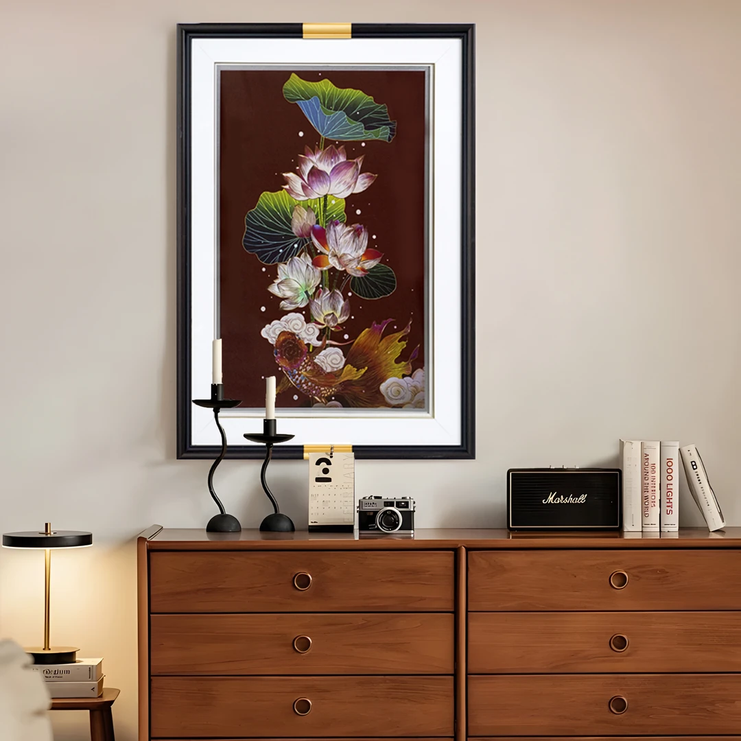 《荷花金鱼》新中式玄关沙发背景墙装饰画锦鲤好寓意挂画荷花鱼5070