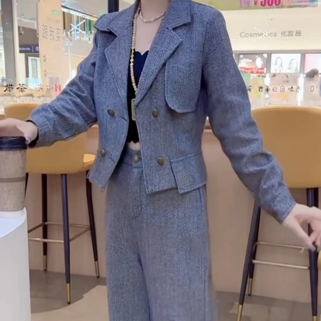 时尚洋气翻领短款上衣➕长裤套装气质显瘦