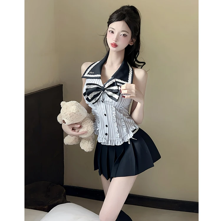 韩系学院风辣妹JK制服套装夏季纯欲风挂脖无袖衬衫百褶半身裙套装