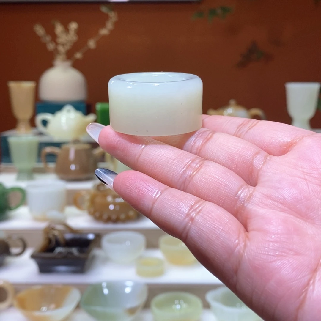 足银镶嵌和田玉挂件且末白玉扳指23.3mm