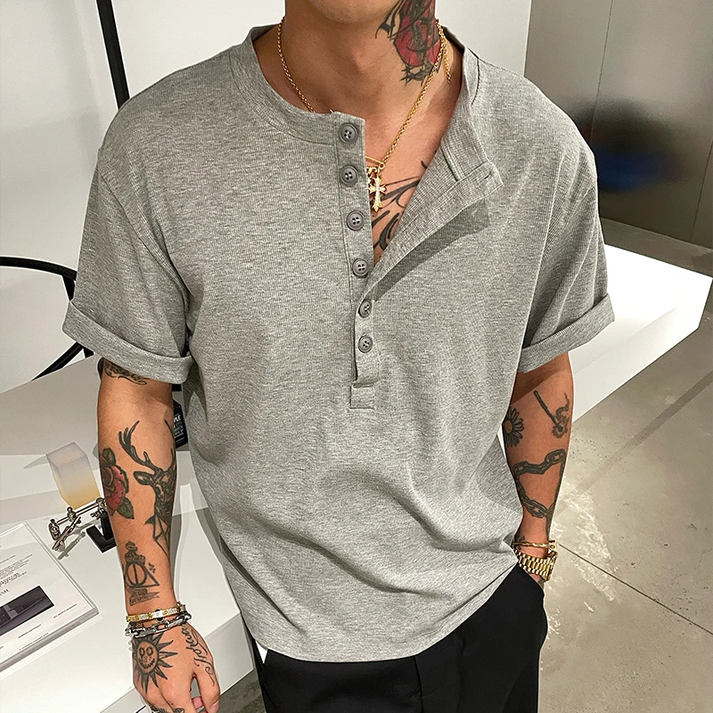 OXFREAK 「定制同色扣 肌理感」老钱风亨利领短袖t恤男V领五分袖