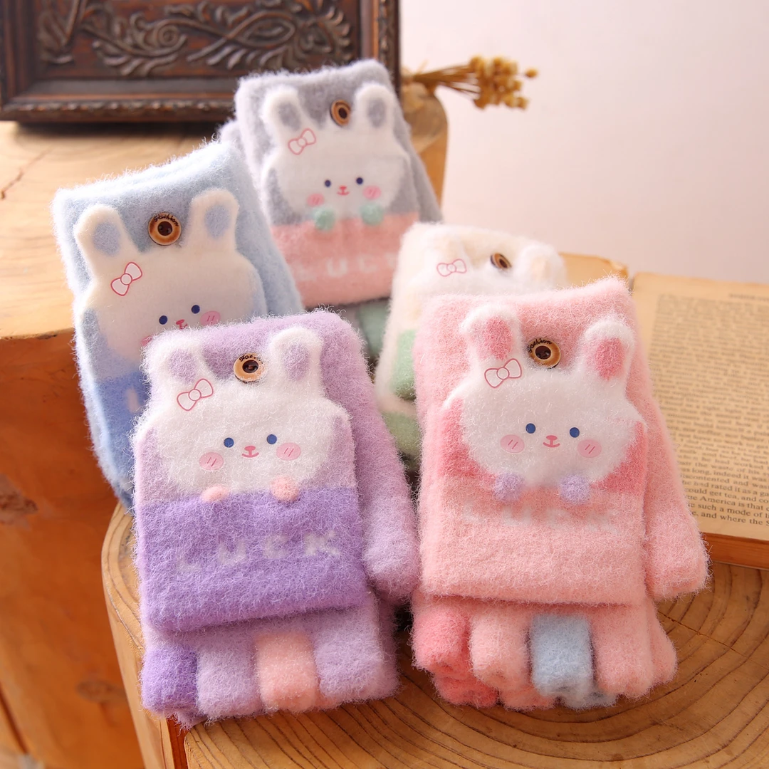 儿童手套女孩高颜值可爱风10岁防冻小学生写字御寒半指翻盖五指薄