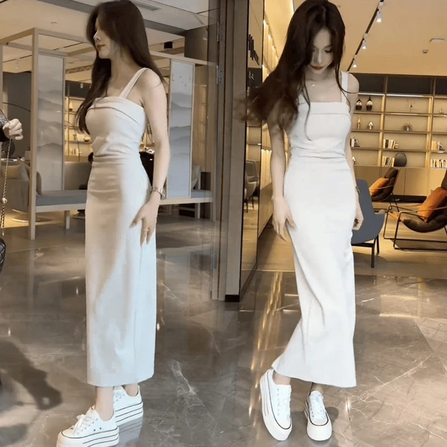 2025夏季女新款法式气质收腰显瘦连衣裙中长款性感开叉包臀吊带裙