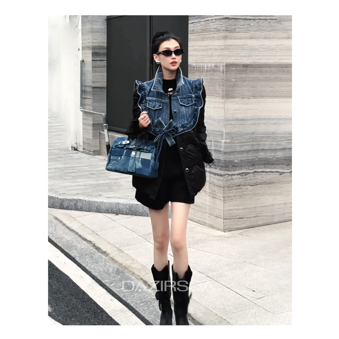 “人生轨迹”时尚百搭飞边牛仔小众羽绒服马甲 AC066