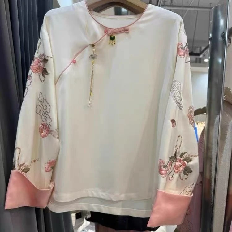 中式提花衬衫新款2025复古气质圆领国风休闲盘扣印花长袖上衣
