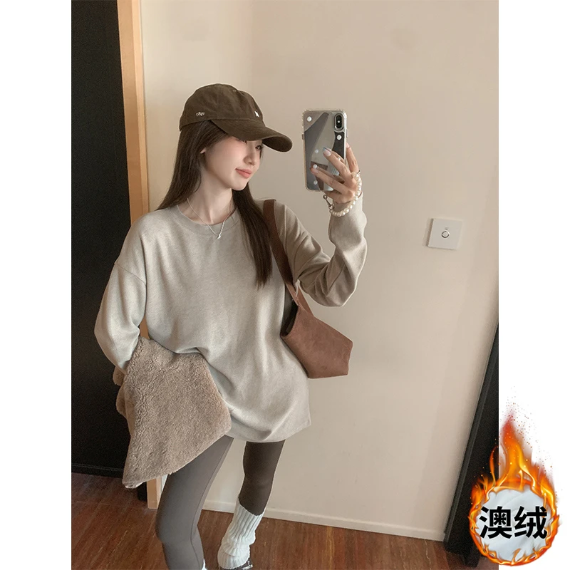 澳绒加厚中长款圆领T恤冬季打底衫女内搭搭配鲨鱼裤遮臀宽松上衣