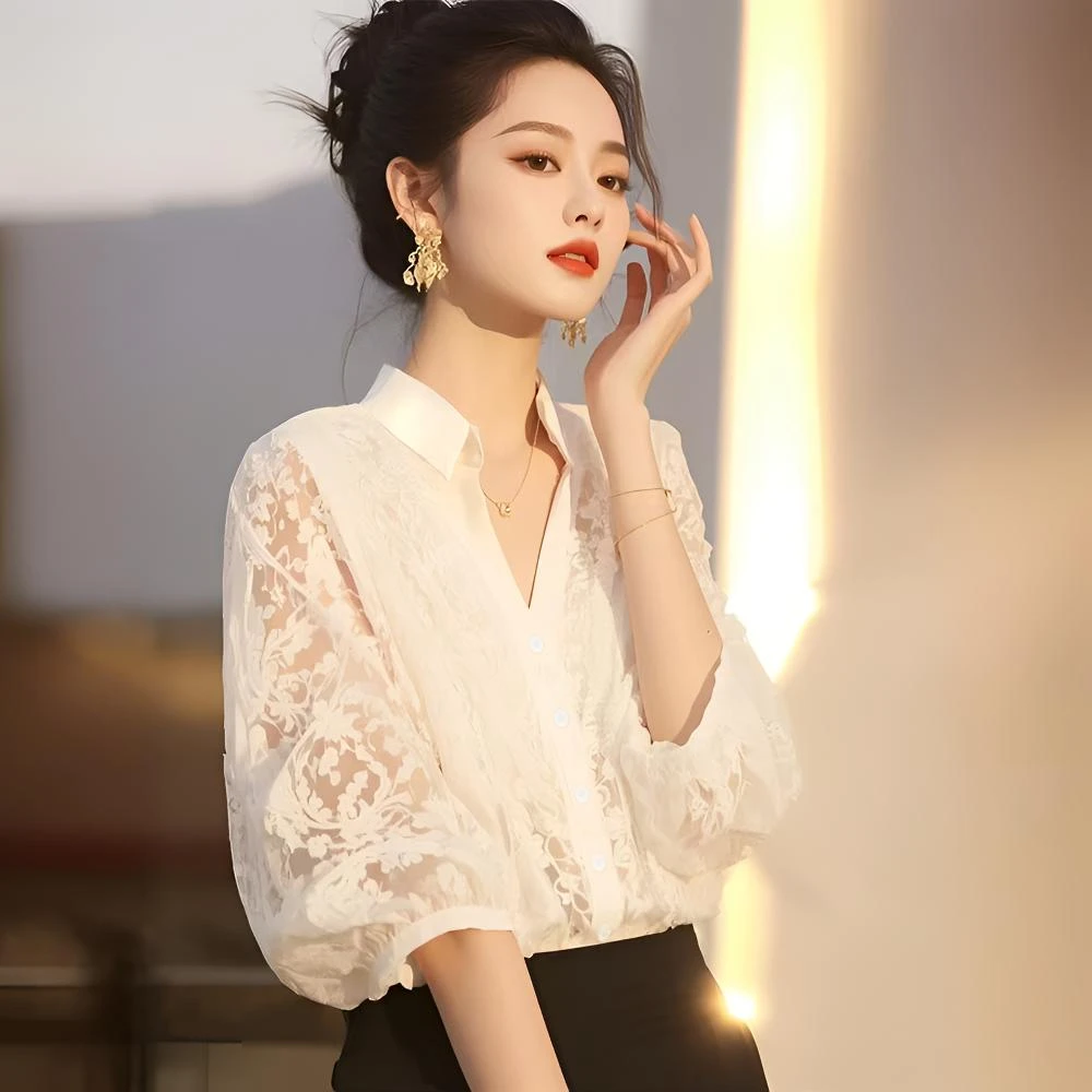 法式轻奢镂空七分袖蕾丝小衫雪纺衫女夏季复古拼接气质设计感衬衫