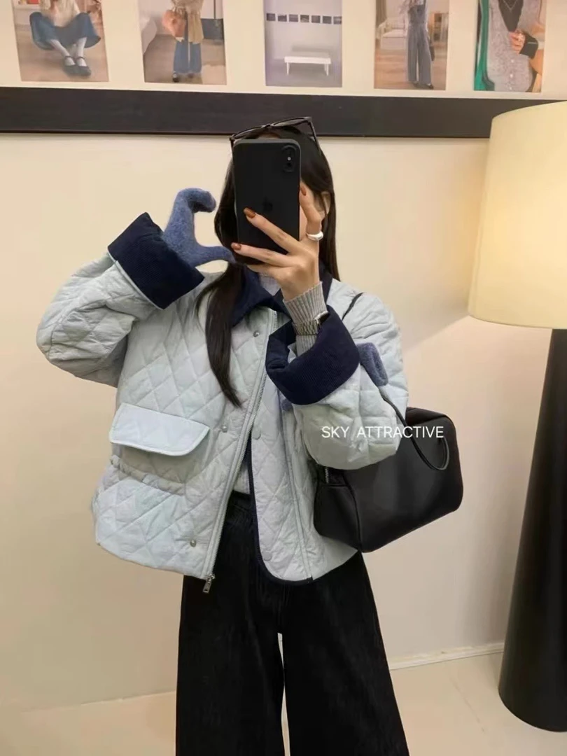 【youni】韩系翻领撞色菱格棉服外套