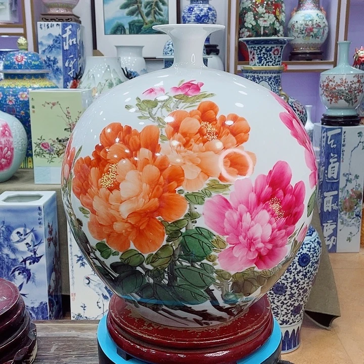 用***3花瓶全手工三色牡丹球瓶