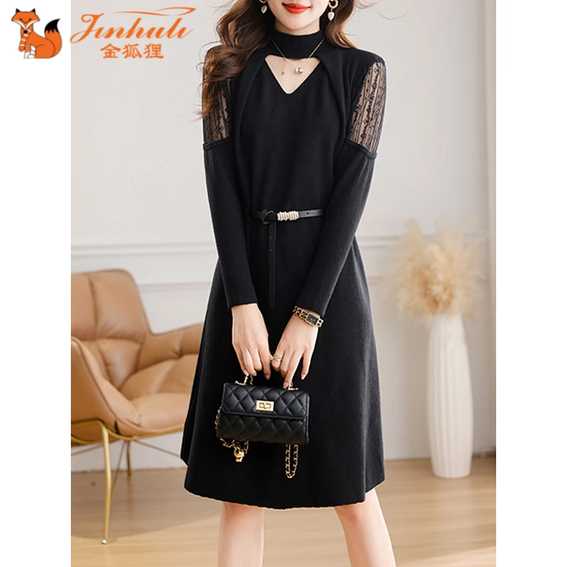 金狐狸秋冬2024新款洋气配大衣内搭毛衣裙镂空针织连衣裙女中长款