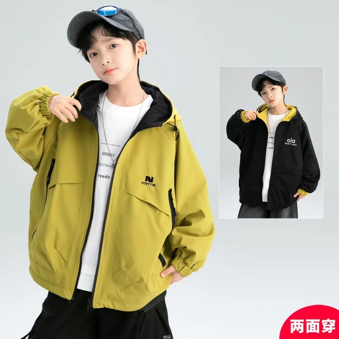 双面穿儿童秋冬冲锋衣外套男童百搭锈点衣服中大童宽松风衣夹克潮