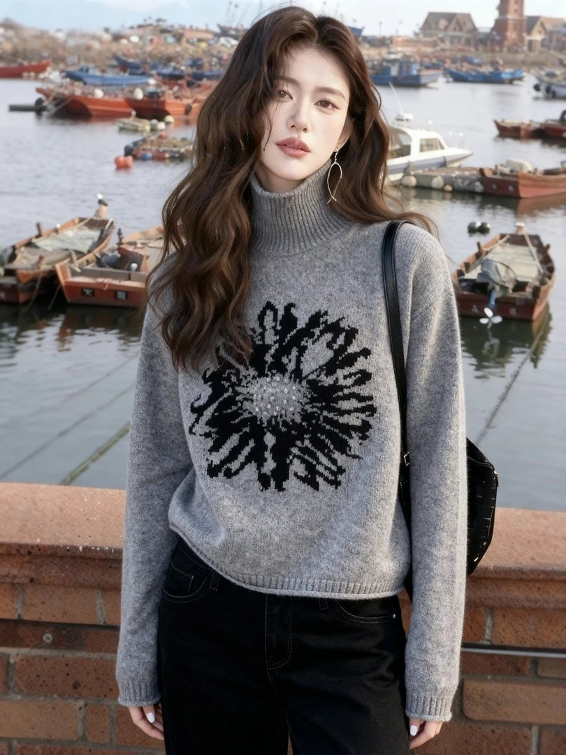 设计感新款设计感小众气质减龄高领针织毛衣针织衫女上衣K2-53