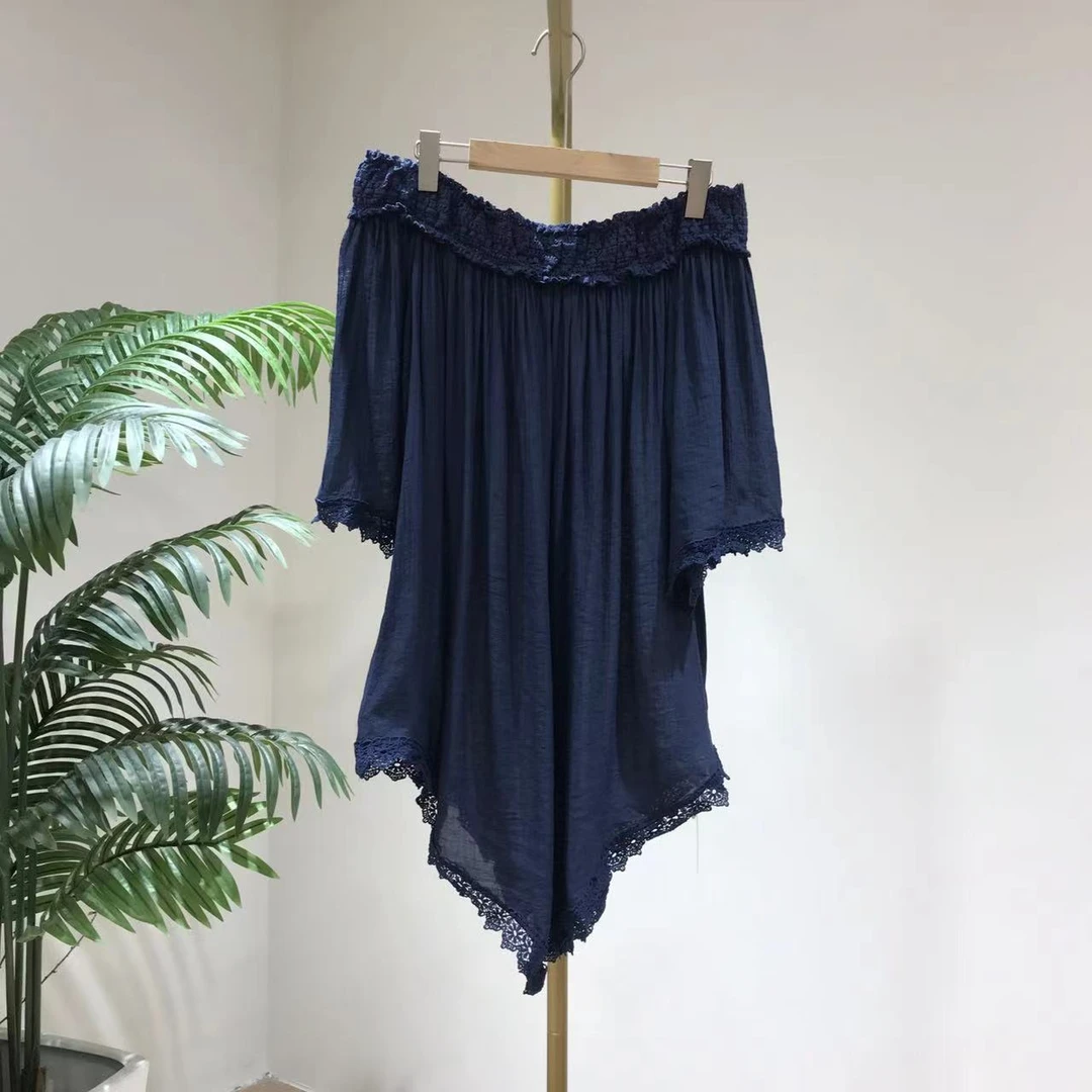 AB765夏季一字领露肩喇叭袖衬衫女性感洋气宽松不规则下摆衬衫