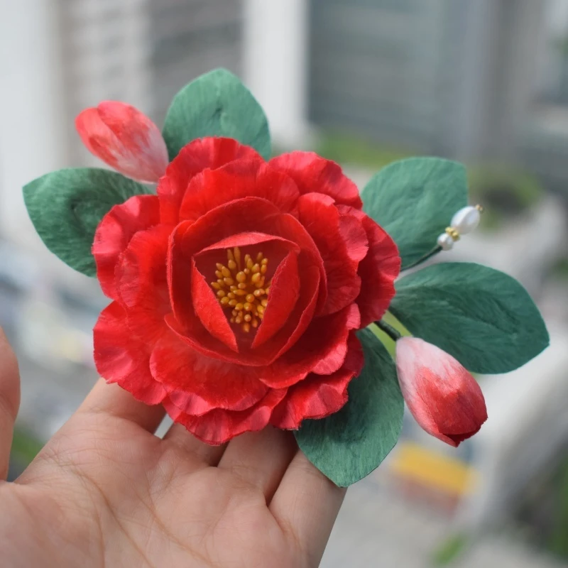 原创手工花簪苗族头花小红色非遗绒花簪少数民族苗族侗族头饰女士