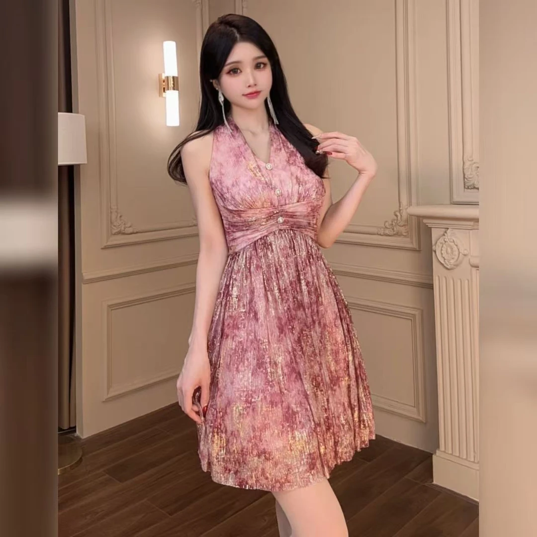 柔娜定制 A摆显瘦显高气质小众挂脖连衣裙70331