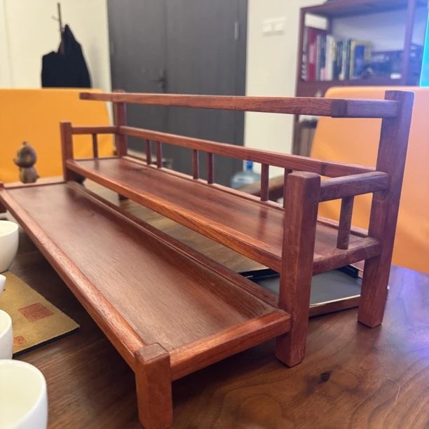缅花观山置杯架原木榫卯桌面茶器收纳架