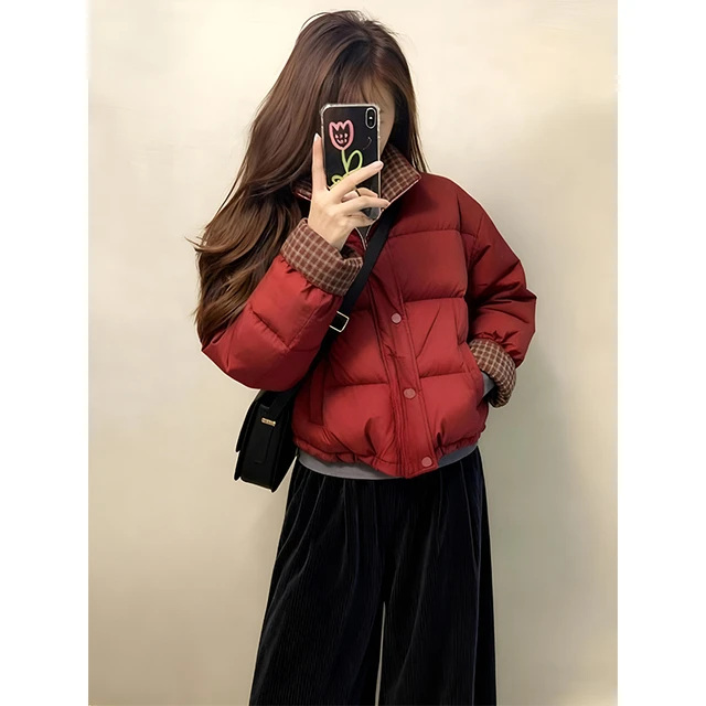 红色格子翻领棉服外套女小个子巨好看的冬装韩系短款面包服套装裤